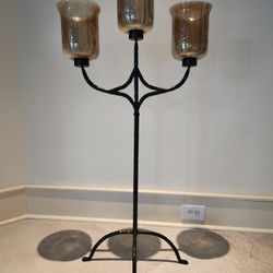 Rustic Iron and Smokey Glass Three Arm Floor Candleabra 