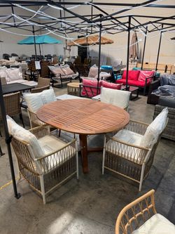 New assembled All-Weather Acacia Wood Extendable Round Dining Table with 12inch Butterfly Leaf and 4 Rattan Arm Chairs (has some details)