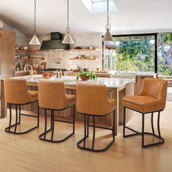 Yellowish Brown Leather Double Cushion Barstool Set Of 4 
