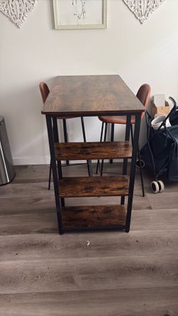 Dining Room Hi-top table with shelves and 2 faux leather chairs