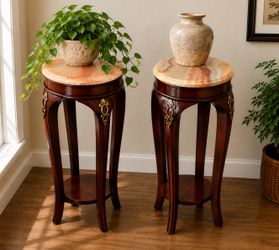 Pair of Cherry Wood Pedestal Plant Stands w/ Onyx Tops