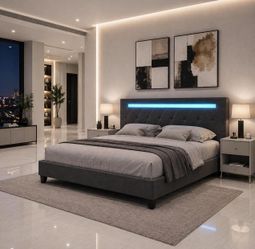 King size bed frame with LED Headboard, Upholstered Platform, Charging Station, gray D-43