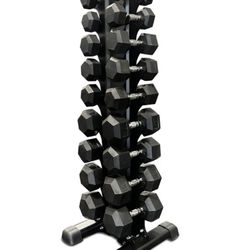 5-50lbs Rubber Hex Dumbbell Set + Vertical Rack 