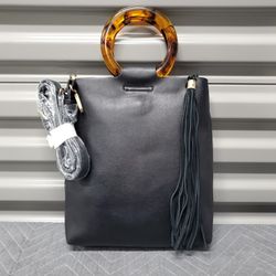 Anthropologie Lucite Handle Faux Leather Tote Bag – Black with Tassel Accent