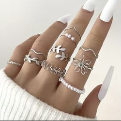 Bohemian style hollow flower simple glossy leaves and vines simulation pearl ring 10pcs