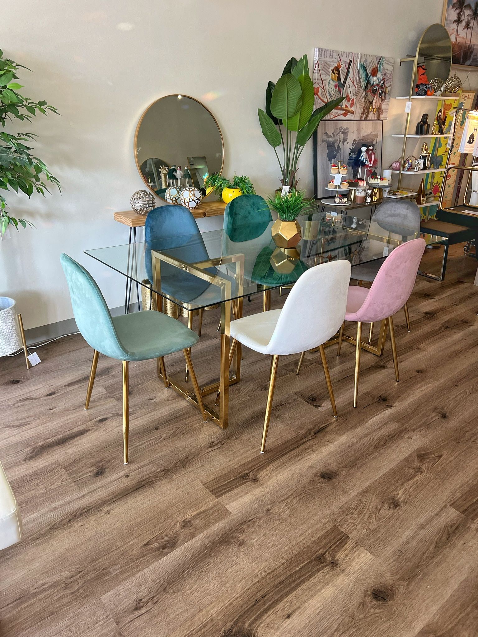 Modern Velvet Gold Glass Dining Set For 6