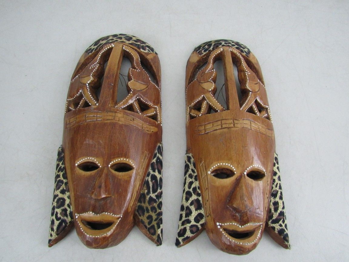 Pair Of Vintage African Hand Carved Wooden Tribal Masks Wall Art 12"