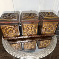 Kirkland’s Set Of 4 Covered Canisters / Storage Boxes Stamped Metal.