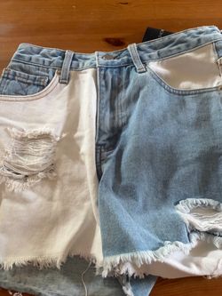 Two-Tone Distressed Denim Shorts