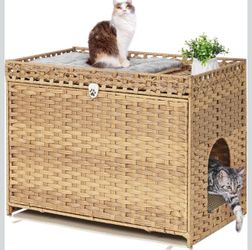 Cat Litter Box Enclosure with Soft Litter Mat; Hidden Cat Washroom Furniture with Door; Handwoven Rattan Kitten House with Large Space; Pet Crate for 