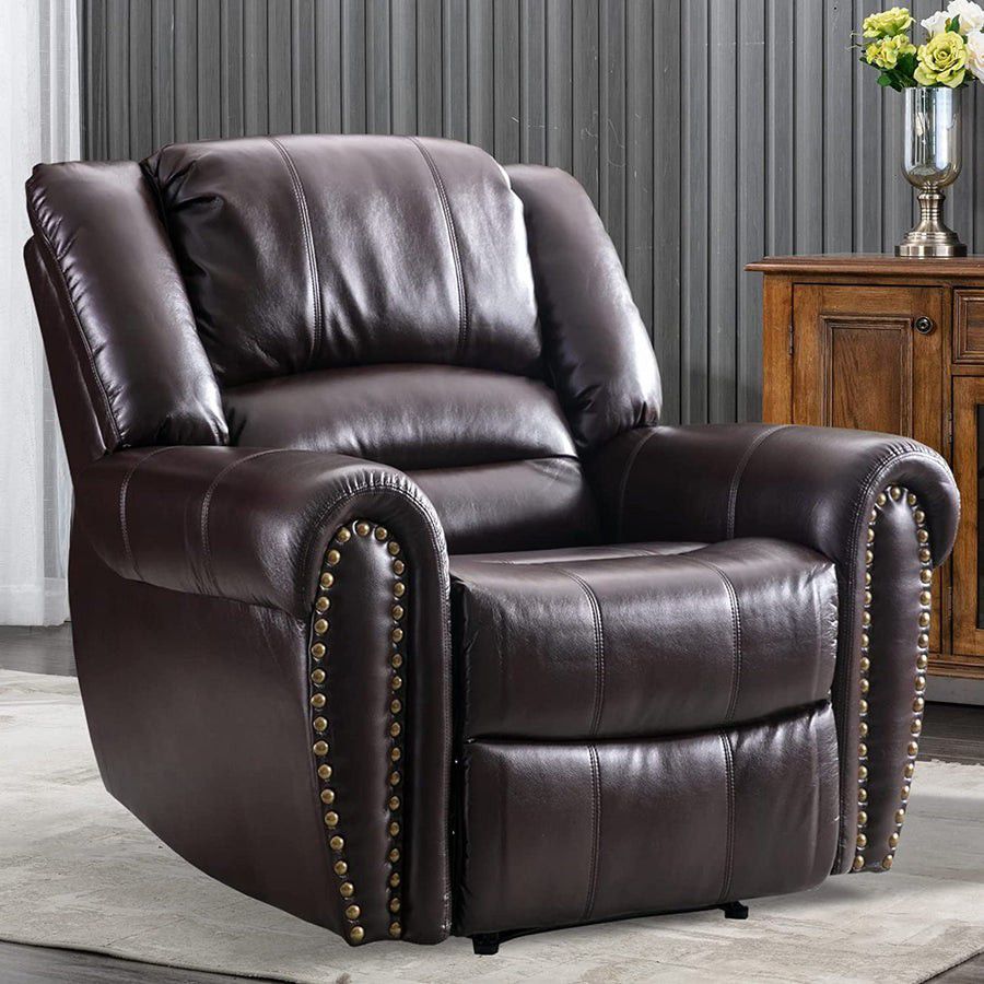 Leather Recliner Chair, Classic and Traditional Manual Recliner Chair with Comfortable Arms and Back Single Sofa for Living Room, Brown【RR9878TKD2PCS-