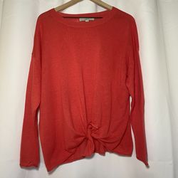 Loft Lightweight Linen Blend Tie Front Sweater Womens L Coral Crew Neck Knit EUC