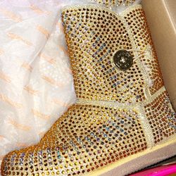 Gold Rhinestone Bling Fur Boots