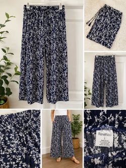 Rene Ricci Large Navy White Floral Wide Leg Palazzo Pants 100% Rayon