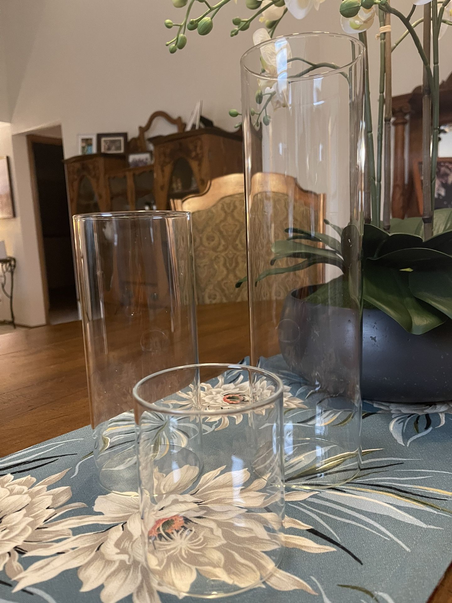 Nine Clear Glass Centerpiece Vases