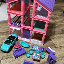 Pink Plastic Dollhouse With Tiny Furniture/Accessories   
