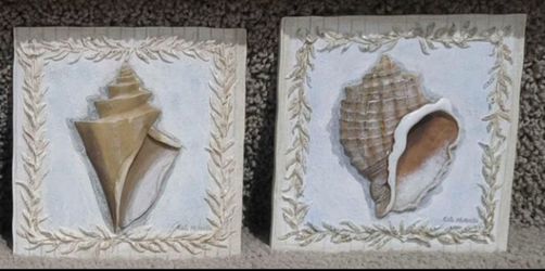 Kate McRostie 3D Resin Sea Shell Wall Art Tiles Set of 4 Coastal Decor Signed