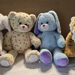 BUILD -A-BEAR Peppermint Puppy, Sugar Cookie Bear, Snowy Sparkles Bunny, Saber Toothed Tiger
