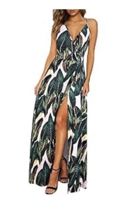 Strappy maxi dress summer w/slit green leaf design size L