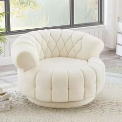 Oversize Swivel Accent Chair with Base,Chenille 360°Round Sofa Barrel Swivel Chair for Living Room,Bedroom,Easy to Assemble (Beige)