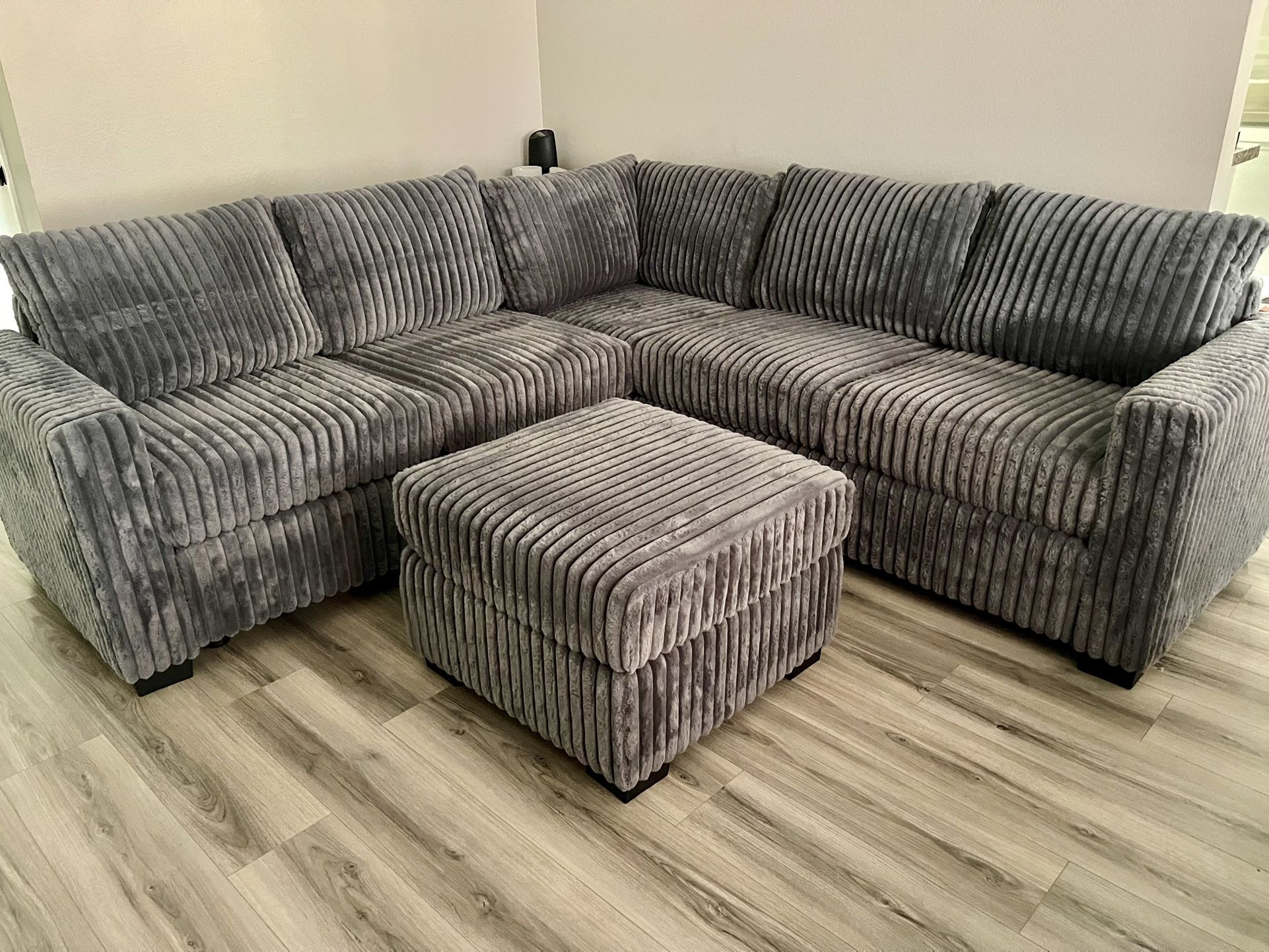 Grey Corduroy Sectional With Ottoman