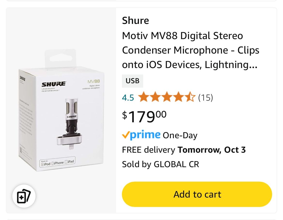 Shure MV88 Digital Stereo Condenser mic for iPhone