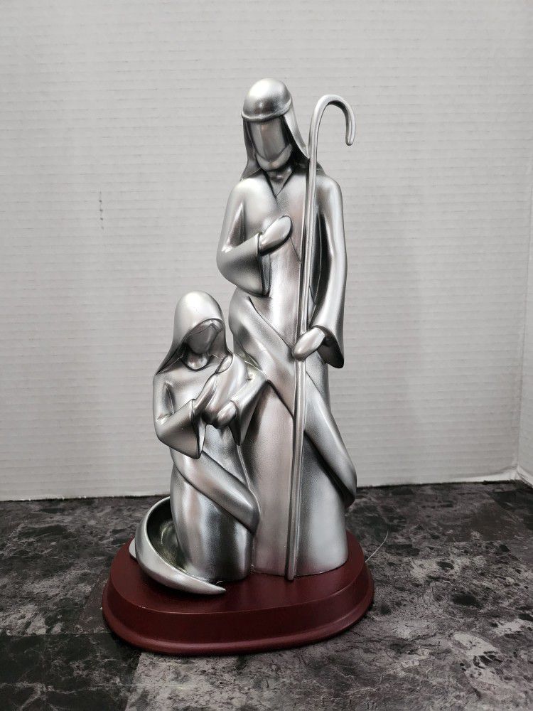 Silver Tone Statue Of Joseph & Mary W/ Child