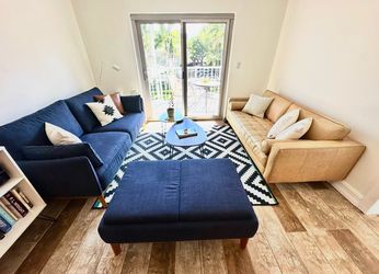Two Sofa Set - Blue Couch + Ottoman & Tan Leather  Sofa