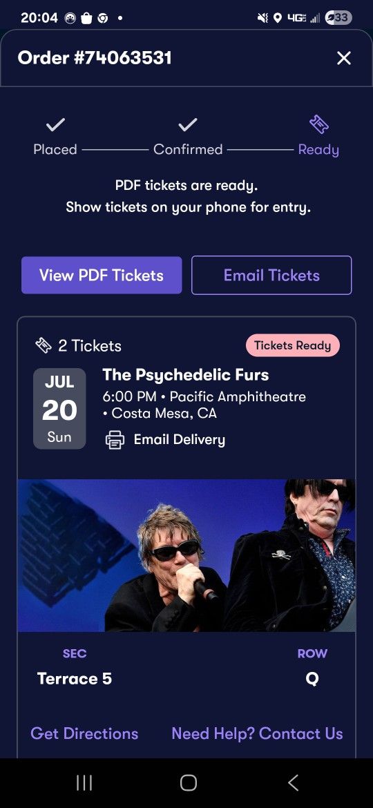 Psychodelic furs Concert Ticket For 20 July at Costa Mesa CA