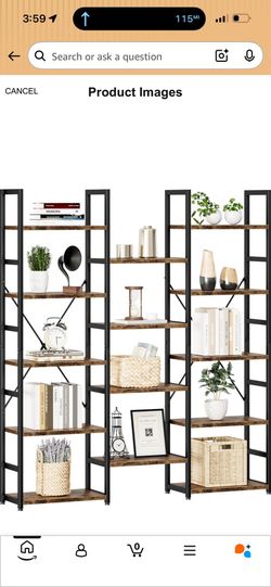 NUMENN Triple Wide 5 Tier Bookshelf, Bookcase with 14 Open Display Shelves, Adjustable Rustic Industrial Style Book Shelves, Modern Bookshelves for Be