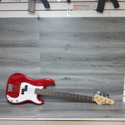 Austin Red 4 String Bass Guitar Missing One Tuner 