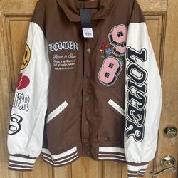 Loiter Flaws Varsity Bomber Jacket Brown XL Embroidered Patchwork NWT