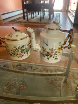 Unique Hand Painted Pink Flowers Gold Trim Teapot And Handel Sugar Bowl Lid