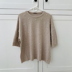 Zara Cream Pearl Sweatshirt Top Size Medium