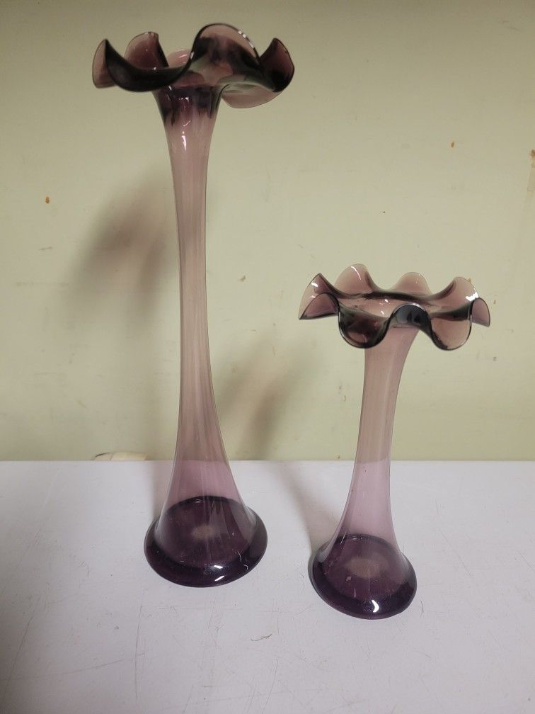 Two Purple Glass vases/ Candle Holders