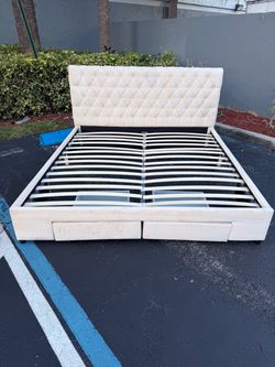 Beautiful king size white velvety velvet plush bed frame with storage compartments modern contemporary