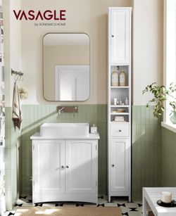 Tall Storage Cabinet, Slim Freestanding Floor Cabinet with Adjustable Shelves, Drawer, Open Compartments, for Small Spaces, Bathroom, Living Room, Mod