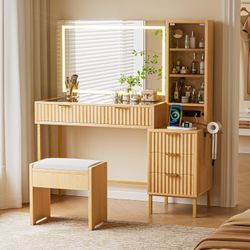 New EROMMY 48" Fluted Makeup Vanity Desk with 36" Large Mirror and Lights, Big Vanity Table with 5 Drawers, 3 Storage Shelves and Charging Station, Mo