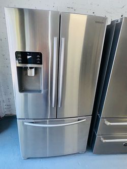Samsung stainless steel refrigerator (36" x 69" x 29") with a receipt for a 90-day warranty