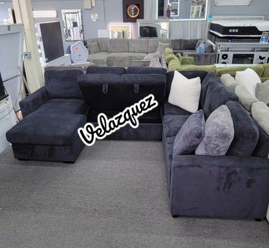 ✅️✅️4 pc Black corduroy fabric sectional sofa with storage chaise and love seat and pop up sleep area in center USB charging✅️✅️
