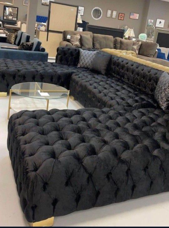 SOFT OPENING DEAL] Polo - Black Velvet - Double Chaise "U" Shape Sectional Sofa, Financing Available 