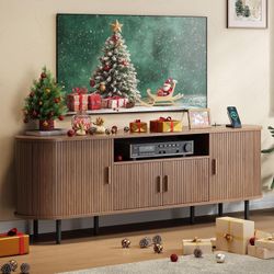 69" Fluted TV Stand with Power Outlet for TVs up to 80 Inch, Entertainment Center with Storage, Sliding Doors, Adjustable Shelves, Mid Century Modern