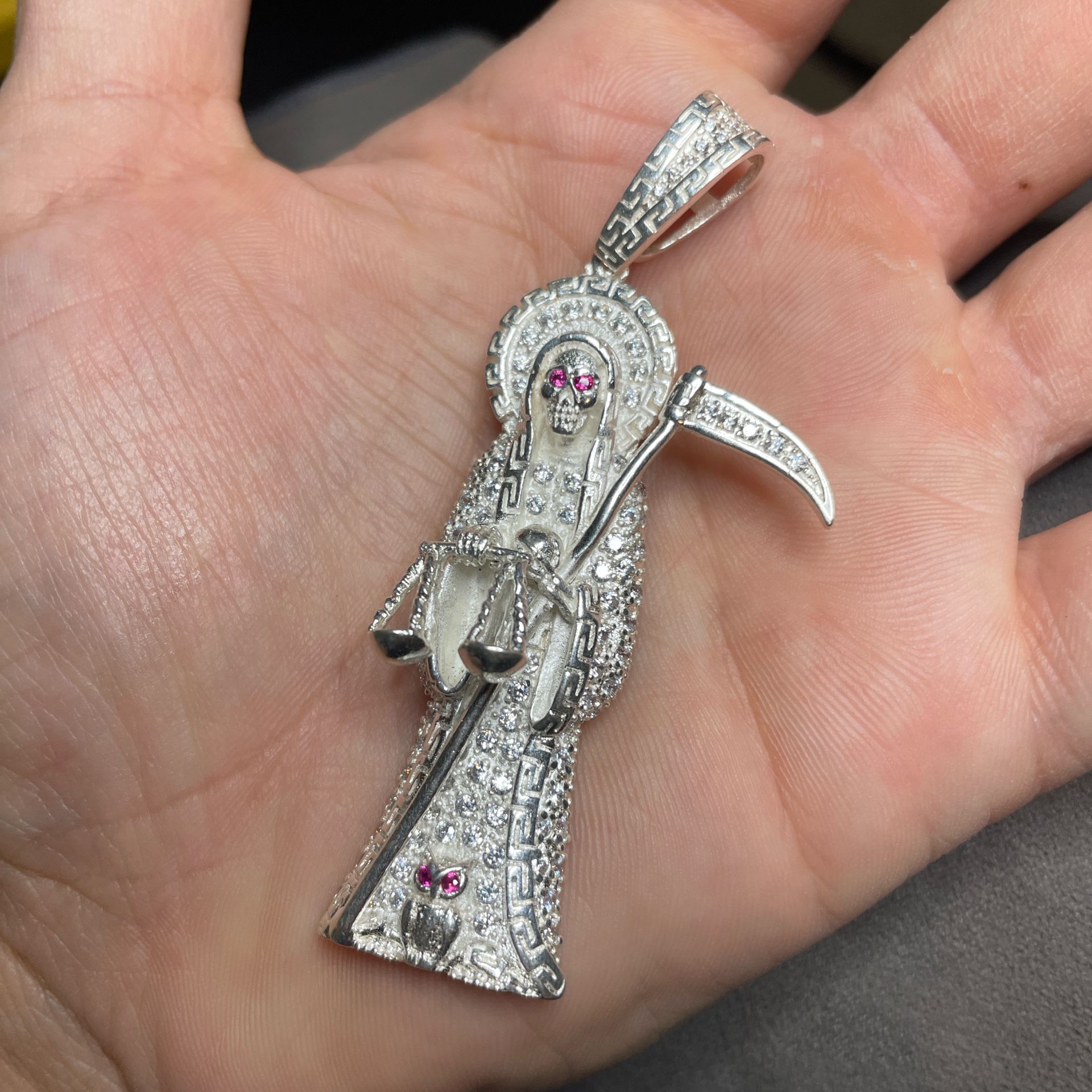 Solid 925 Sterling Silver Iced Grim Reaper Santa Muerte Pendant 2.5in Tall