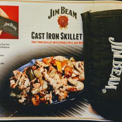 Jim Bean Cast Iron Skillet With Handle Mitt & Wooden Trivet
