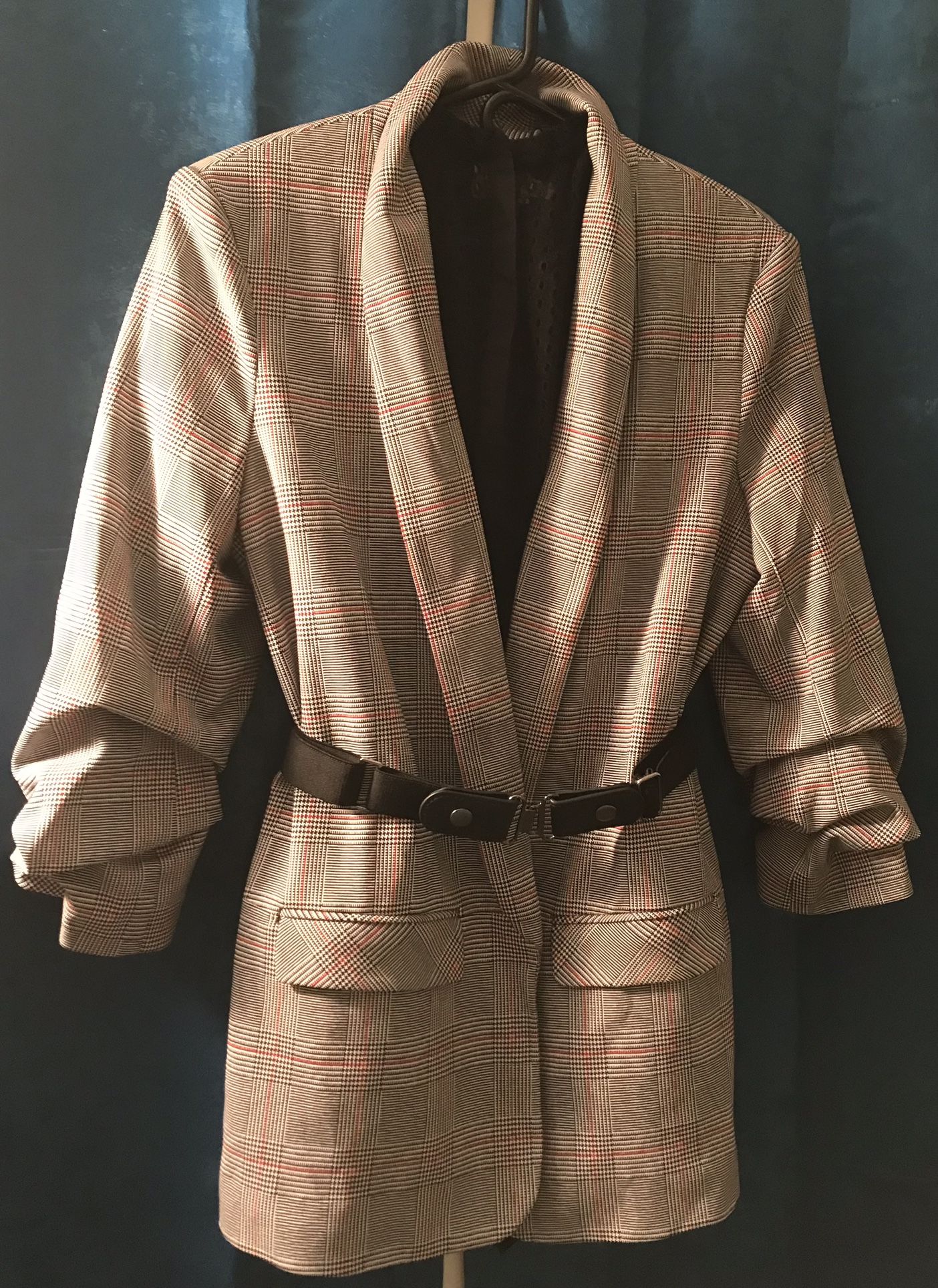 Gray Plaid Rouched-Sleeved Blazer with Belt