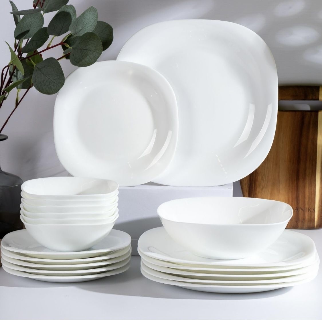 Daniks Quadro Ceramic Dinnerware Set For 6, 19-Piece – Square White Plates And Bowls