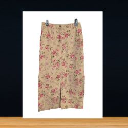 Eddie Bauer Tan w Rose, Pink, Lavender, Green Floral Print Midi Skirt Women Sz 10