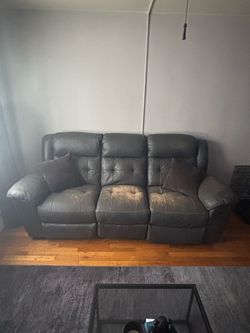 Gray Leather Reclining 3-Seat Sofa