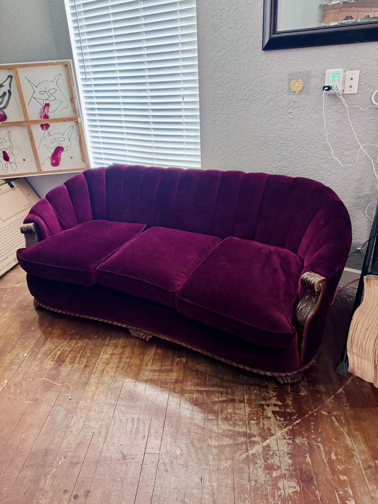 Antique wood-framed crushed velvet sofa *Moving Must Sell*