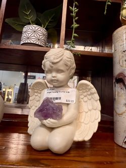 Vintage Style Cherub Angel Ceramic Statue Figure Holding A Natural Raw Amethyst Cluster